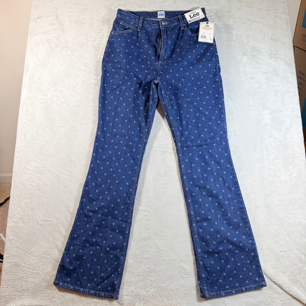 Lee Kacey Musgraves Women Size 12 High Rise Flare Jeans Star Print Blue NWT